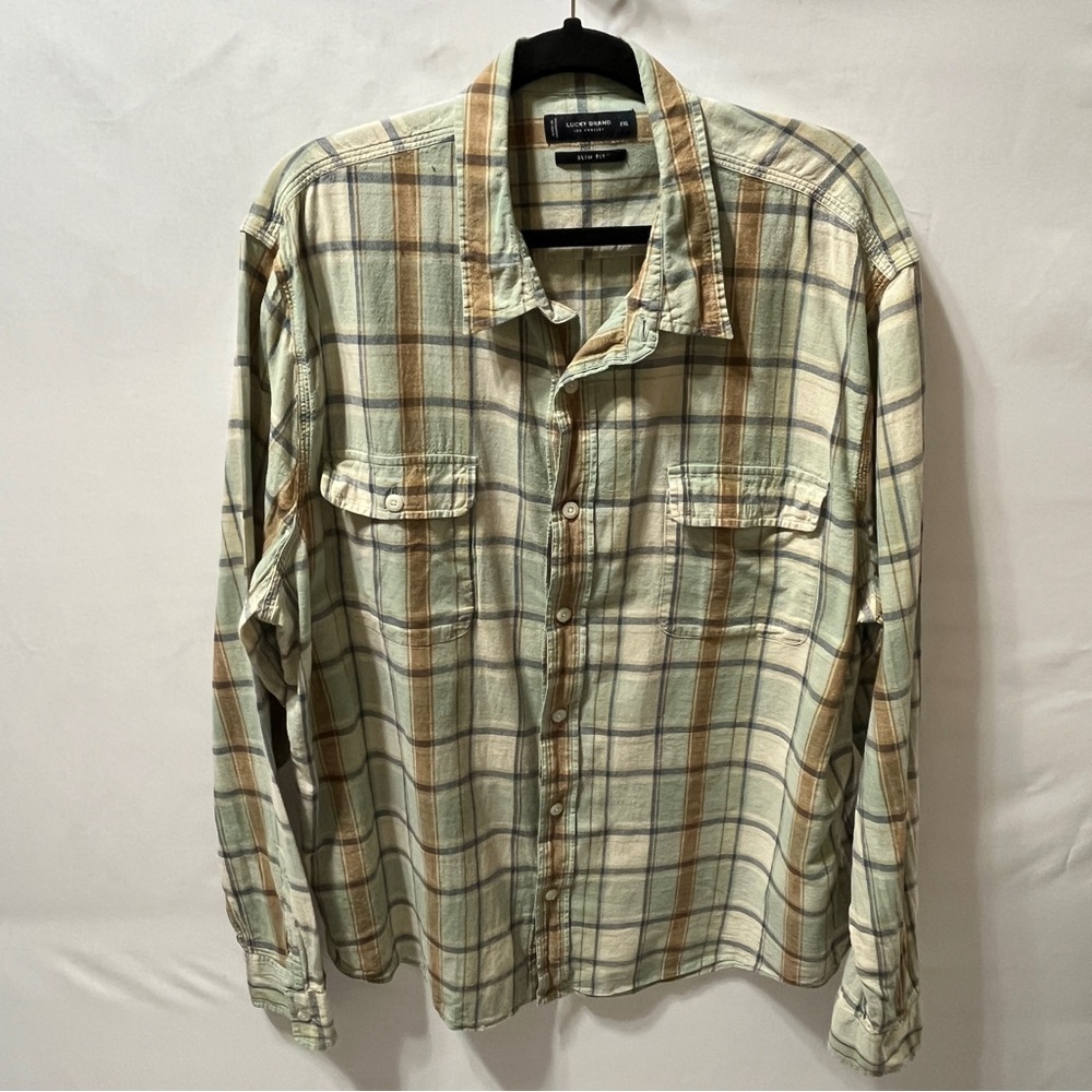 Lucky Brand Men's XXL Green Tan Plaid Cotton Linen Button Up Long Sleeve Shirt